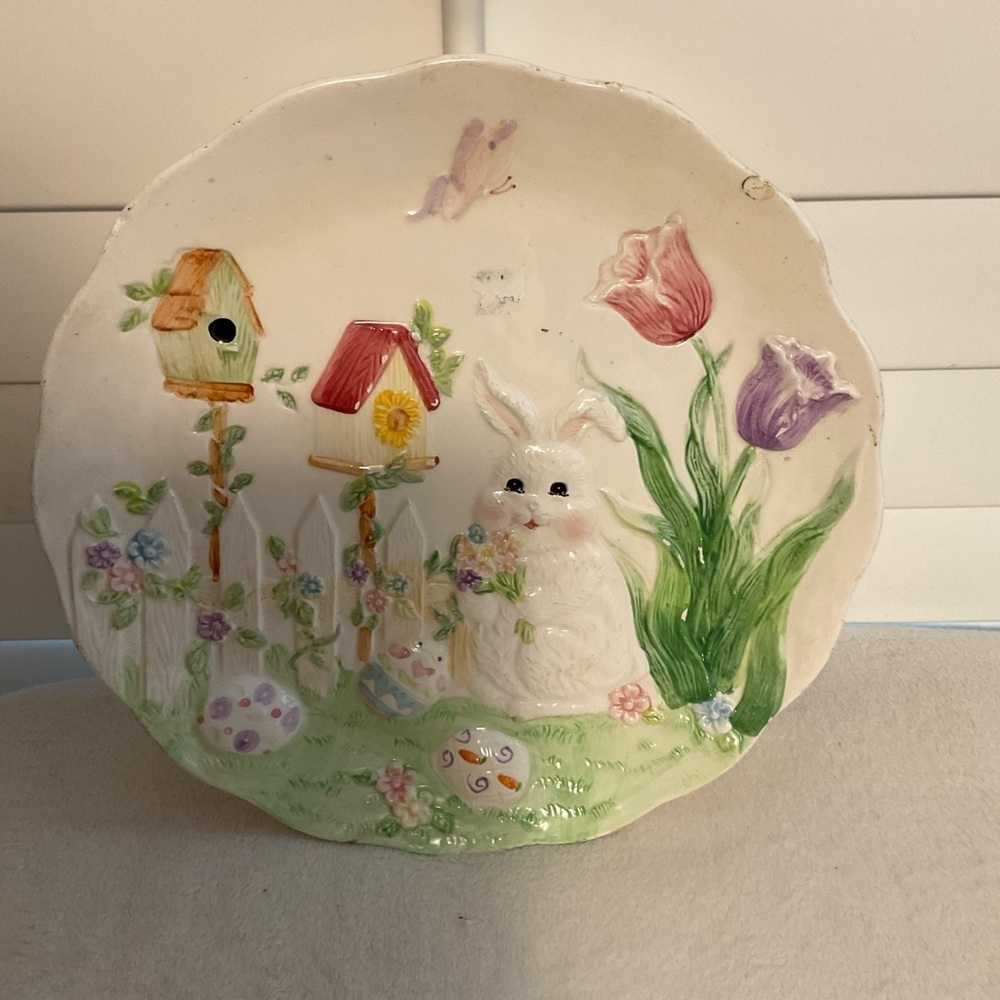 Hand-Painted Ceramic Bunny Wall Plate in Pastel Colors